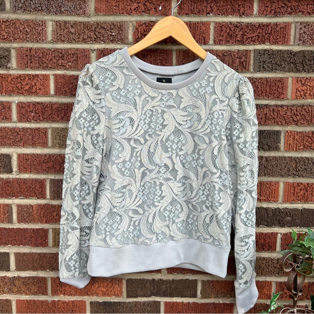 Worthington Dusty Blue Gray Crochet Lace Open Sleeve Pull Over Top